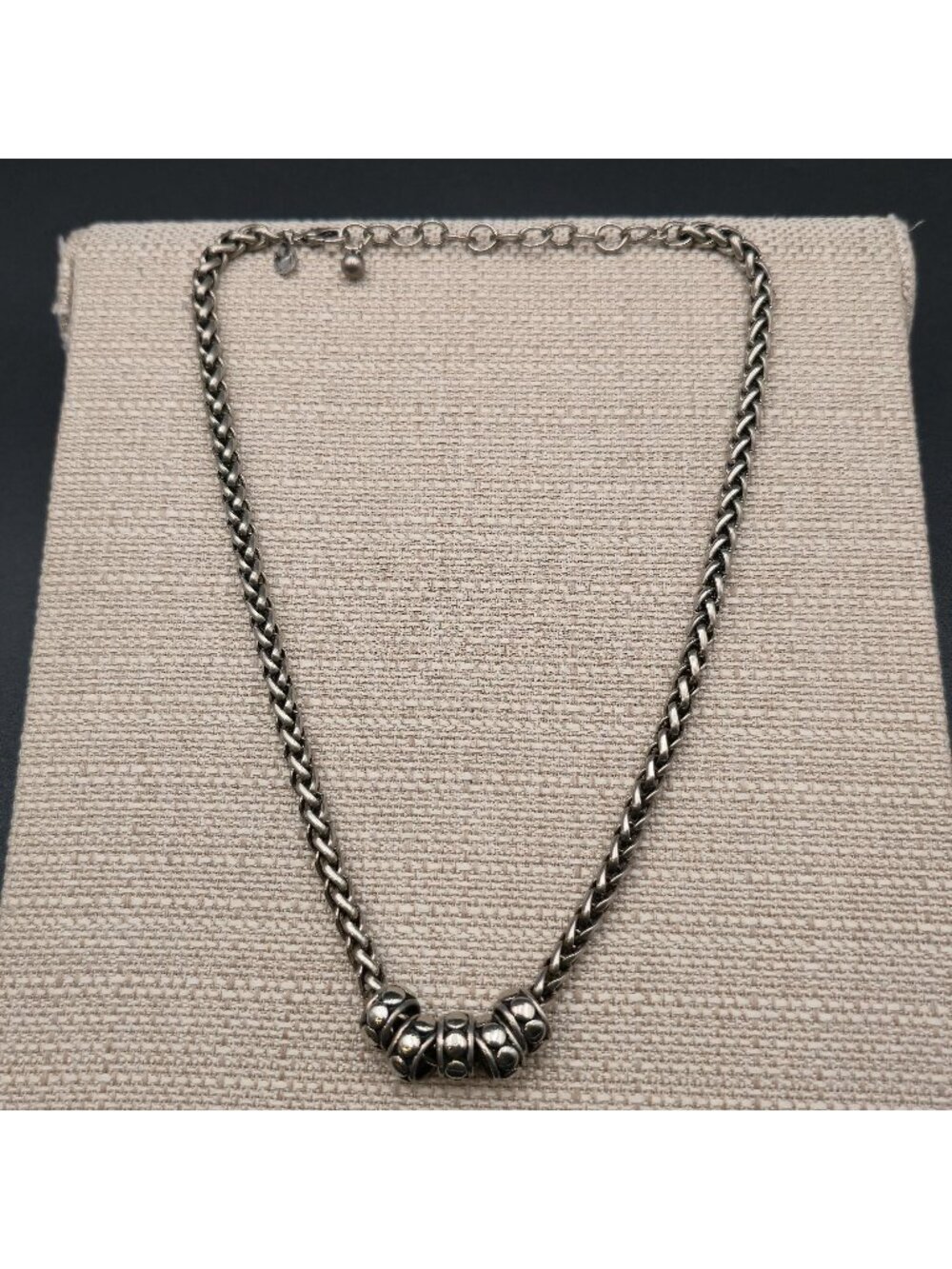 21 Inch Chico's Wheat Chain Statement Necklace with Engraved Metal Beads B1547